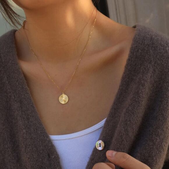 Gold Medallion Necklace Sunburst Coin Gold Layering Necklace Minimalist Jewelry. - Picture 4 of 7